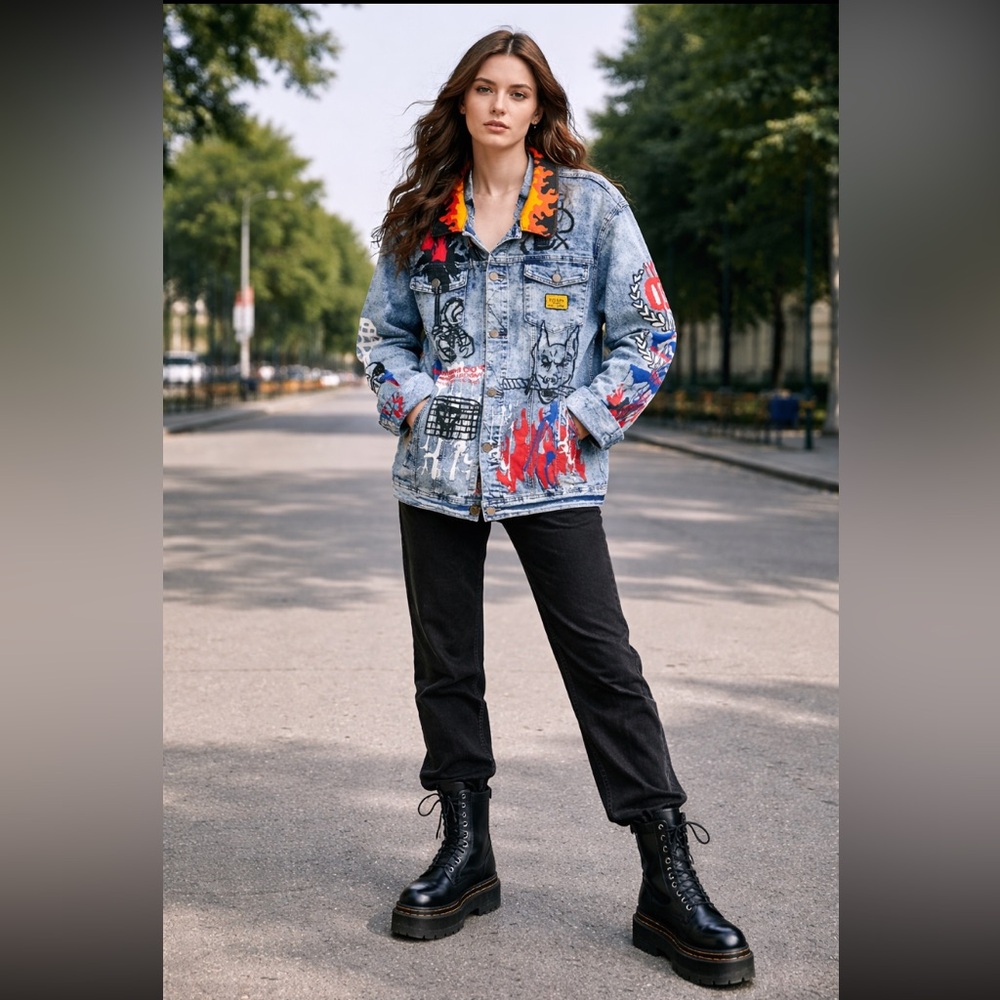 Reason - Graphic Denim Jacket with painted graffiti PTP 26”